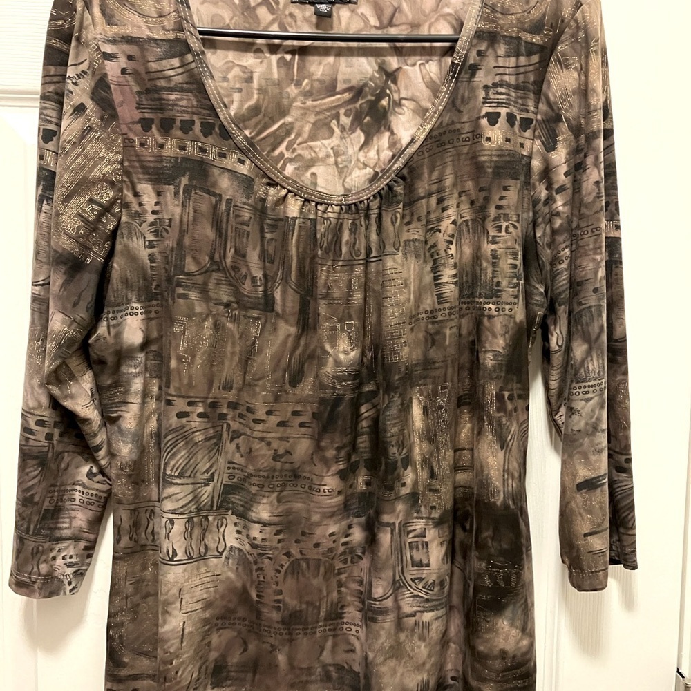 Multi-Color Design Top Black Tan Shiny Gold Investments Blouse Size XL